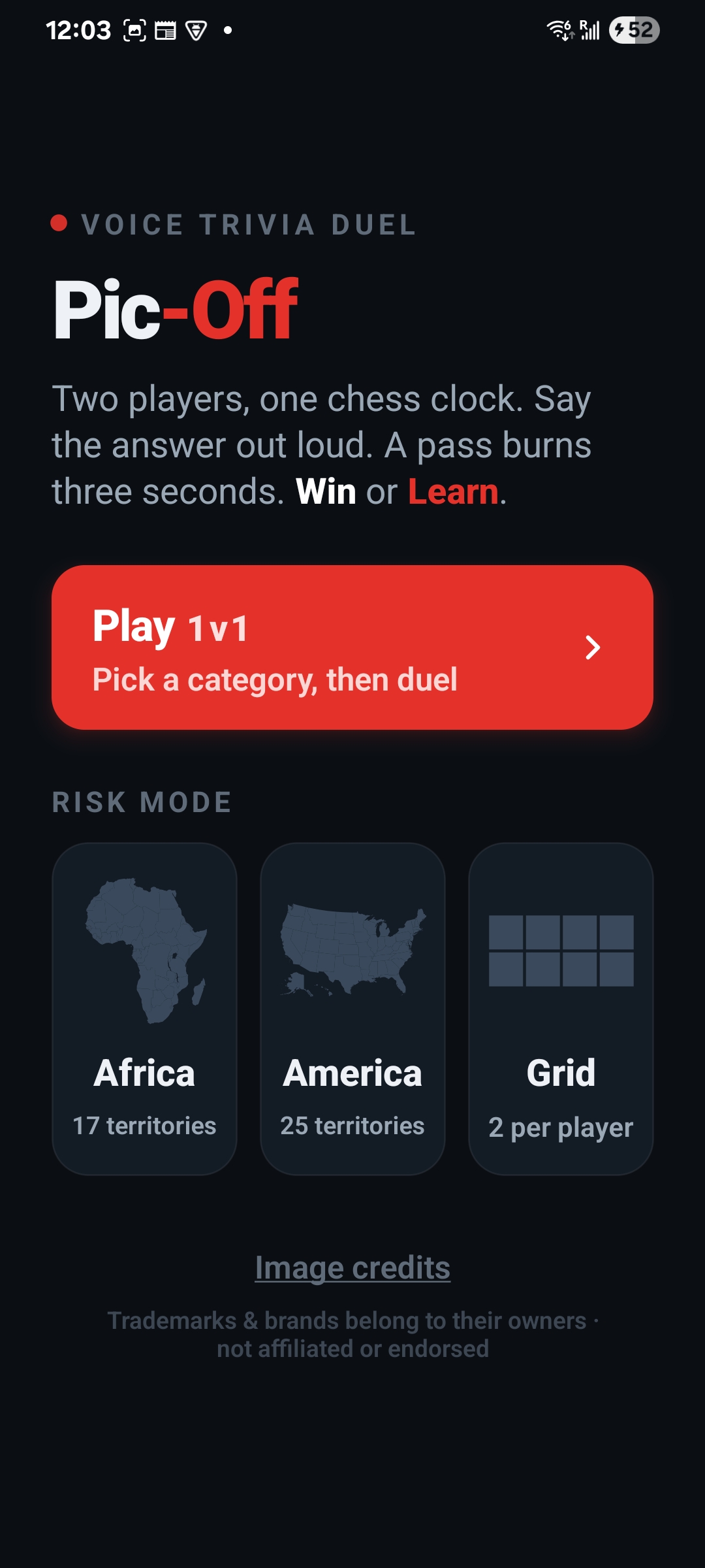 Pic-Off: home screen with Play 1v1 and the Risk mode boards